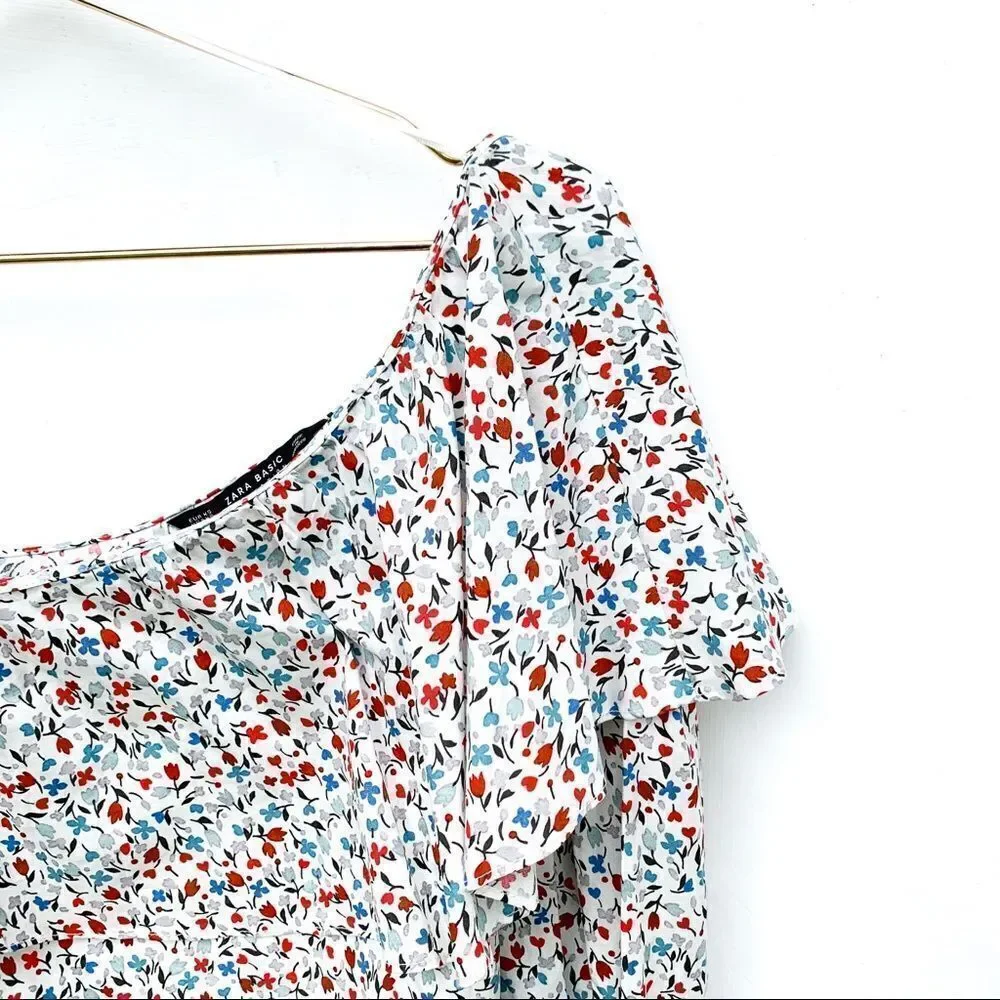 Zara White Floral Ruffle One Shoulder Blouse